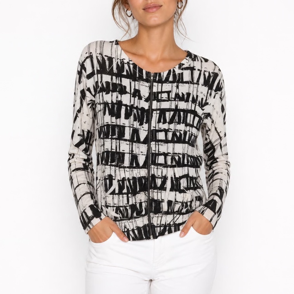 XXI Forever Womens Medium White Black Abstract Geometric Zip Up Hoodie